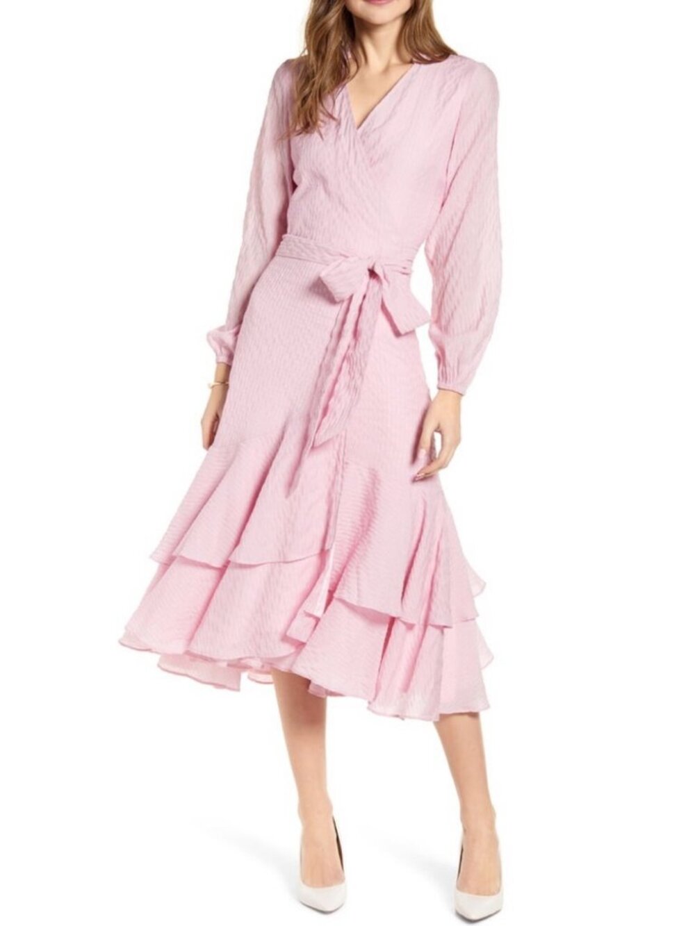 Rachel Parcell Pink Seersucker Long Sleeve Wrap Midi Dress